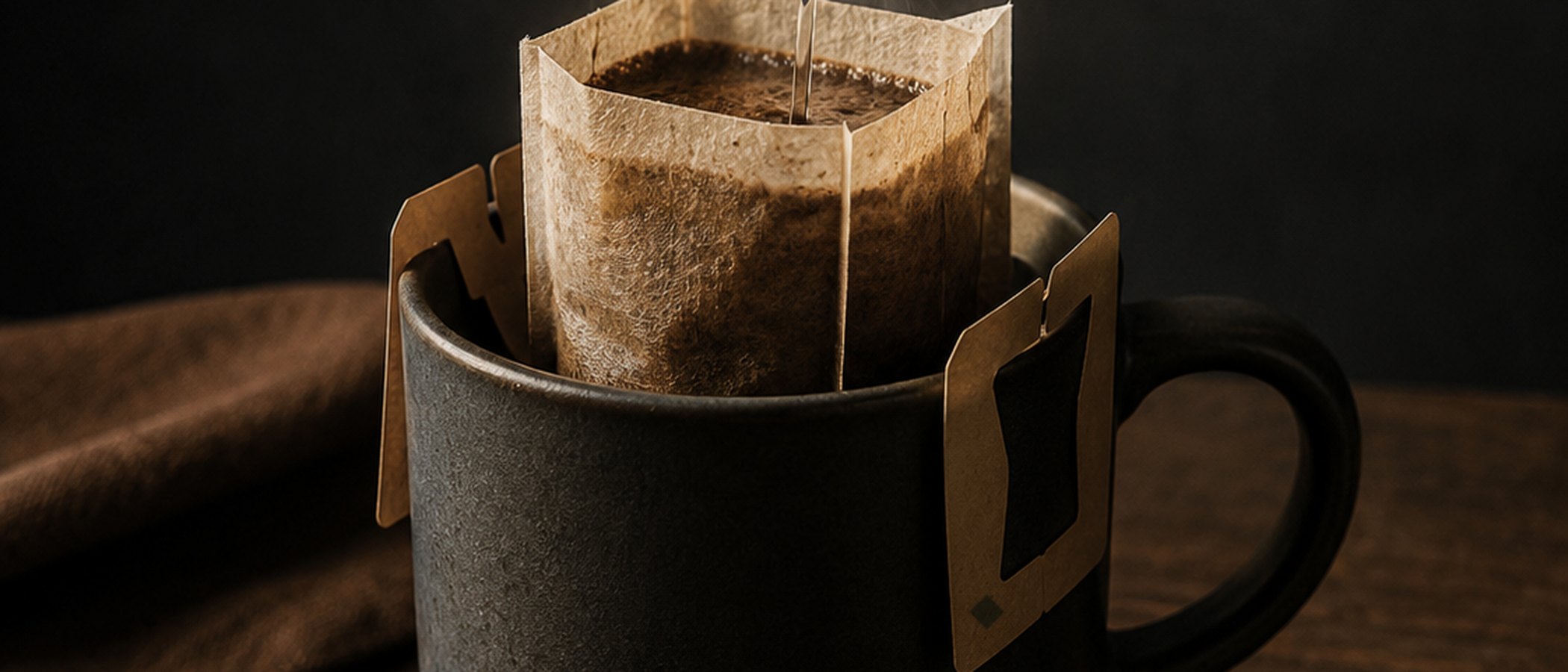 Hot water poured over a Parcelle drip sachet resting on a mug