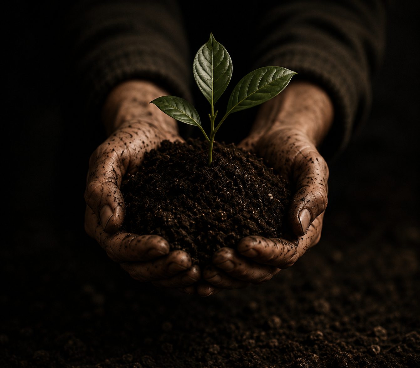 Hands cupping dark soil and a coffee seedling